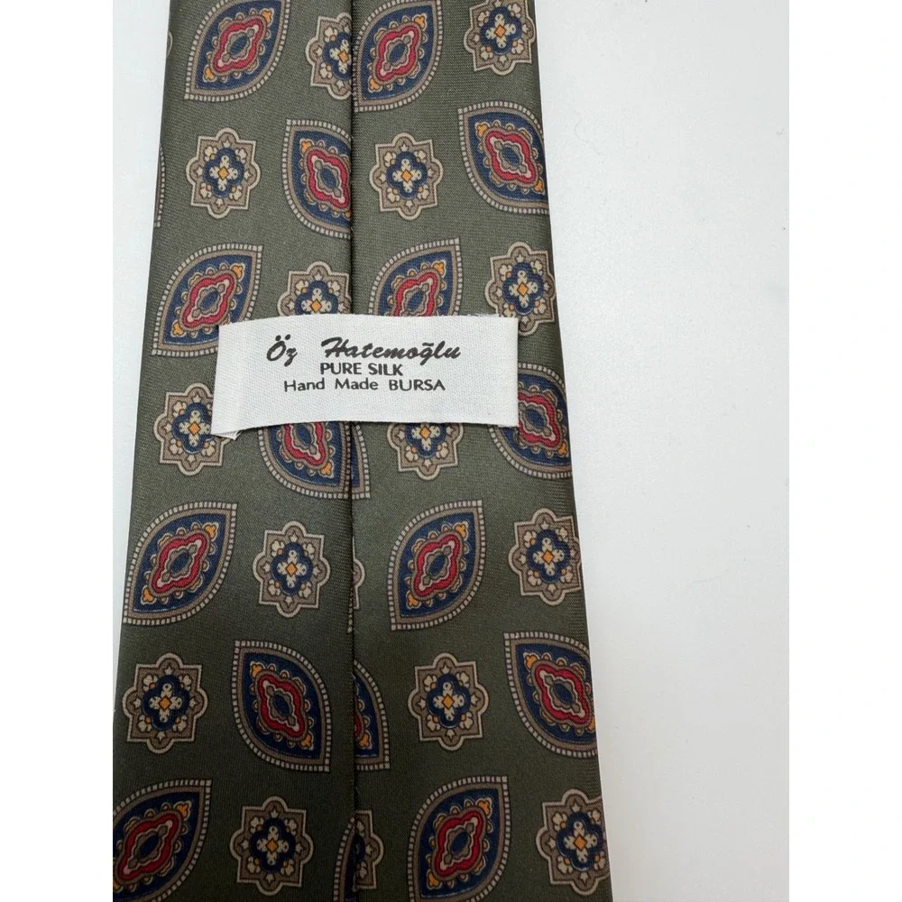 Oz Hatemoglu Mens Silk Tie Olive Green Geometric Medallion Hand Made Bursa 57in